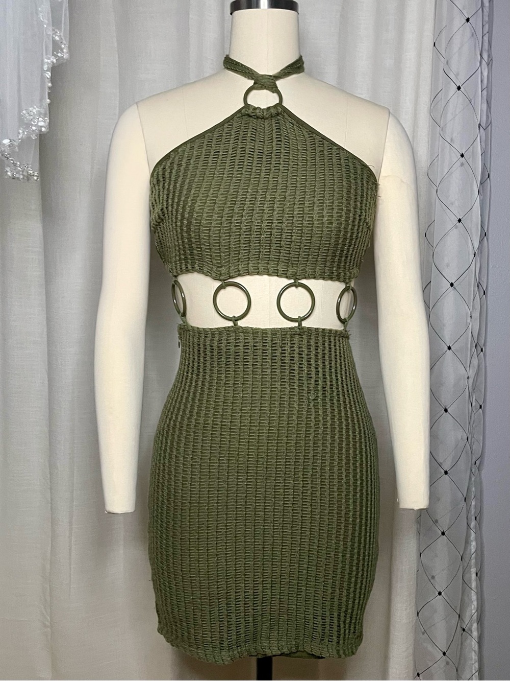 🌿Olive Halter Ring Cutout Knit Mini Dress Size S*
